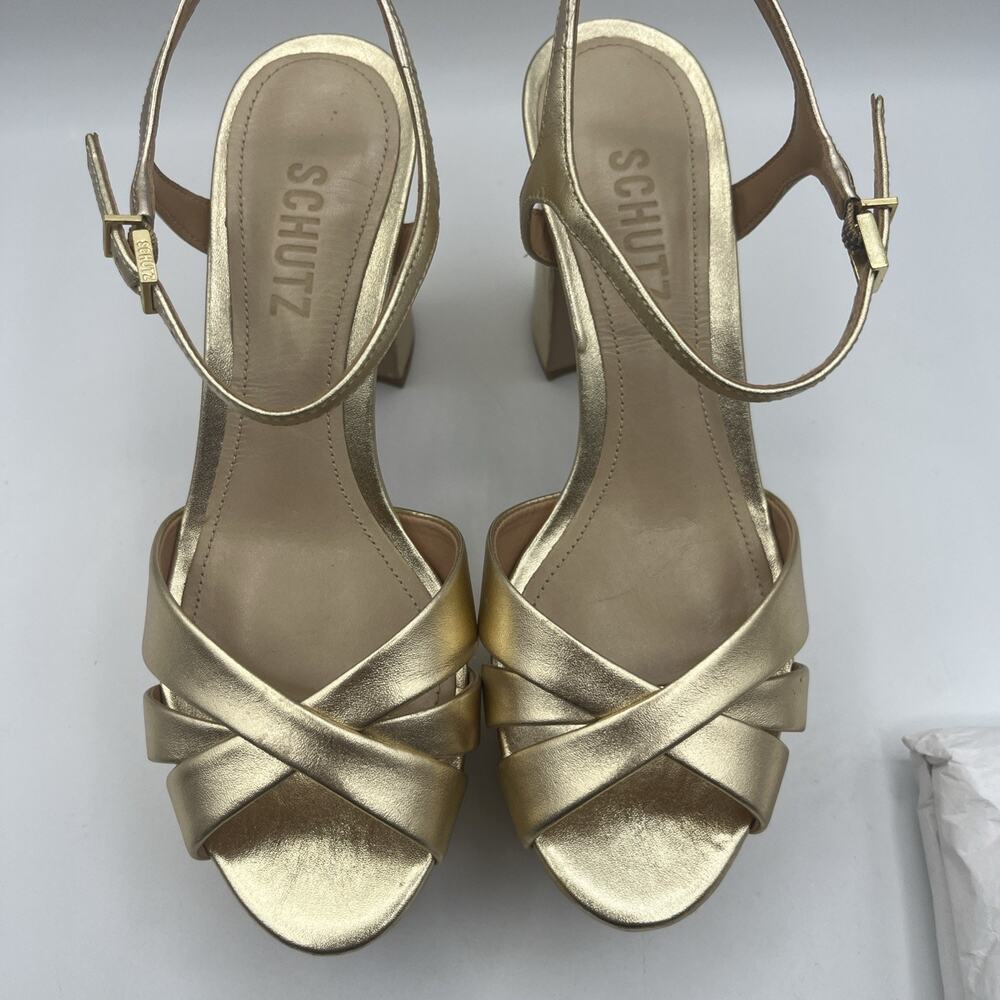 Schutz Women Platform Heel 6.5B Gold Leather Sole Ankle Strap Cocktail Shoes NIB - Picture 10 of 16